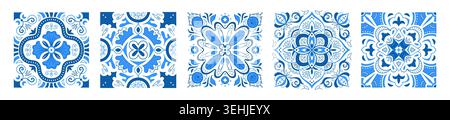 Motivi di piastrelle mediterranee, illustrazione vettoriale blu su sfondo bianco. Mosaici greci elementi geometrici per cornici senza cuciture, interni con design ornamentale, stile tradizionale italiano e portoghese Illustrazione Vettoriale