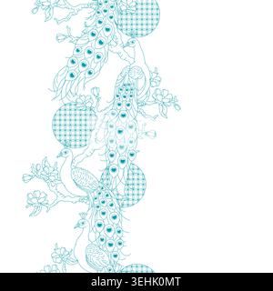 Linea senza cuciture con pavoni boschivi. Uccelli esotici tropicali. Fauna selvatica della giungla. Illustrazione Vettoriale