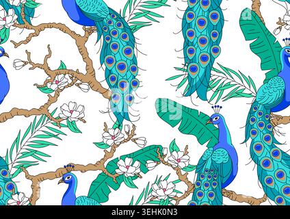 Motivo senza cuciture con pavoni. Uccelli esotici tropicali. Fauna selvatica della giungla. Illustrazione Vettoriale