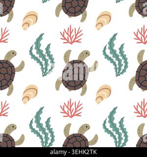 Motivo senza cuciture per tartarughe marine con simpatici animali marini alghe e corallo su sfondo bianco per tessuti e cuccioli per bambini Illustrazione Vettoriale