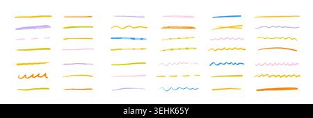 Le linee di evidenziazione colorate del crayon sono isolate su sfondo bianco. Pennellate tracciate a mano, elementi sottolineati dello schizzo e pennelli a doodle pastello per note, decorazioni e design creativo. Illustrazione Vettoriale