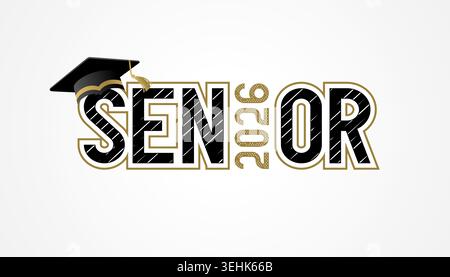 Senior 2026, logo tipografico per il design di t-shirt. Modello di emblema classe 2026 per album fotografici o per la realizzazione di uno stand di graduazione. Illustrazione vettoriale Illustrazione Vettoriale