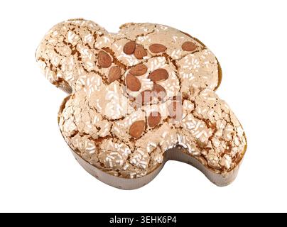 Colomba Pasquale, tipica torta pasquale italiana. Il nome significa colomba di Pasqua in lingua inglese, a causa della sua forma. Sfondo bianco, vista dall'alto. Foto Stock