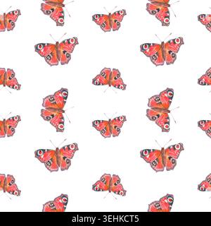 Motivo acquerello senza cuciture con farfalle pavone in volo su sfondo bianco. Design ripetuto dipinto a mano per tessuti, articoli di cancelleria e articoli da regalo Foto Stock