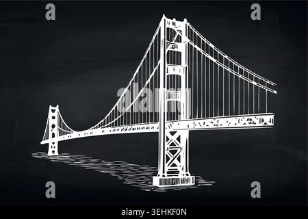 Schizzo in gesso del Golden Gate Bridge sullo sfondo della lavagna Illustrazione Vettoriale