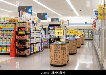 Food Lion Grocery Store interno con corsie per l'esposizione dei prodotti segnaletica e sezioni refrigerate Foto Stock
