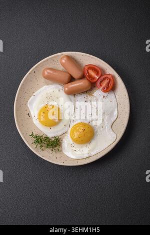 Cibo, uova di pollo fritte, salsicce, pomodori ciliegini, ceci, spezie, sale ed erbe aromatiche. Colazione deliziosa e nutriente Foto Stock