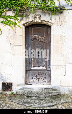 Tipica porta di quercia antica con antico battente in ottone e vecchi gradini in pietra in Provenza, Francia Foto Stock