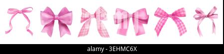 Archi rosa. Nastro con cravatta acquerello, motivo rosa coquette o bellissimo adesivo vintage in pizzo femminile. Grazioso regalo rétro in raso. Decorazioni in tessuto per matrimoni o compleanni elementi isolati. Set realistico vettoriale Illustrazione Vettoriale