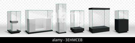 Scatola di vetro. Cubo rettangolare trasparente, vetrina in cristallo 3d o supporto vuoto trasparente in prospettiva. Blocco vuoto per la presentazione del prodotto, la mostra nella galleria del museo, dimensioni diverse. Icone isolate vettoriali Illustrazione Vettoriale
