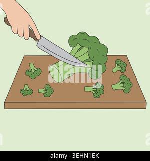 Semplice illustrazione di un broccolo fresco tagliato a mano su un tagliere con un coltello da cucina, evidenziando la preparazione del cibo crudo per guarire vegane e vegetariane Foto Stock