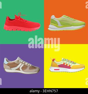Diverse sneakers su sfondi colorati, set. Scarpe eleganti Foto Stock