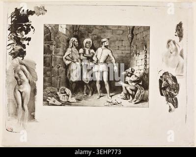 Fronte-boeuf e l'ebreo, da Ivanhoe di Eugène Delacroix, 1829, raffigurante un confronto teso tra figure armate e personaggi seduti in una camera di pietra Foto Stock