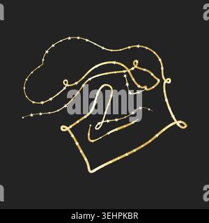Una semplice grafica in linea dorata raffigura il profilo di una ragazza, addormentata. Stelle luccicanti adornano le linee fluide, suggerendo una notte tranquilla e la magia dei sogni su uno sfondo scuro e tranquillo. Illustrazione Vettoriale