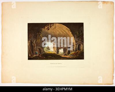 Tempio di Venere di M. Dubourg, 1798, raffigurante rovine romane classiche con un arco di pietra a volta che incornicia un paesaggio illuminato dal sole oltre, con figure che esplorano l'atmosfera interna Foto Stock
