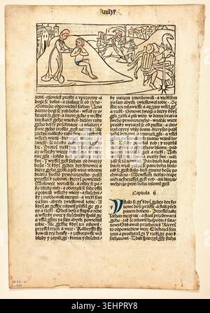 Libro di Giobbe da Biblia Bohemica, 1489, raffigurante una figura religiosa che offre consulenza spirituale a un uomo sofferente, con spettatori e ambientazioni architettoniche sullo sfondo Foto Stock