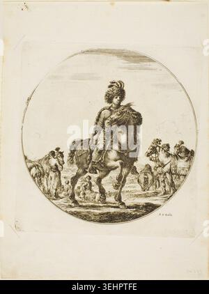 Cavaliere ungherese di Stefano della bella, 1651 ca., raffigurante un cavaliere elegantemente vestito su un cavallo che potenzia, circondato da assistenti e soldati in un ambiente paesaggistico Foto Stock
