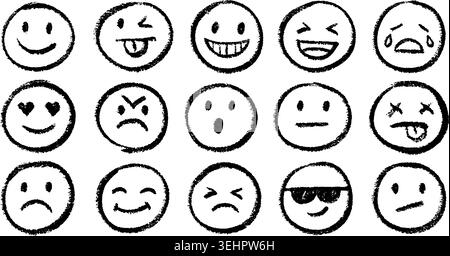 Emoji al pastello. Faccia sorridente disegnata a mano, icona sorridente felice triste risata espressione umoristica doodle personaggi comici trama a matita gesso set di elementi per bambini illustrazione vettoriale qualitativa grafica originale Illustrazione Vettoriale