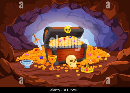 Grotta del tesoro. Cassa del tesoro dei pirati sfondo di cartoni animati con ingresso alle rocce di montagna scure, monete d'oro nascoste, gioco di pietre preziose, scena segreta, vecchio tesoro, illustrazione vettoriale originale Illustrazione Vettoriale