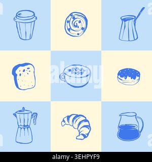 Set da caffè vintage disegnato a mano. Menu Cafe e design della confezione. Illustrazione Vettoriale