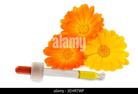 Fiori freschi di calendula con contagocce in vetro isolato su sfondo bianco, prodotti naturali a base di erbe e olio essenziale, medicina alternativa e. Foto Stock