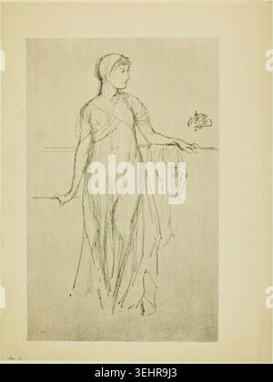 Studio di James McNeill Whistler, 1879, che raffigura una figura femminile drappeggiata di profilo, che tiene fiori, con indumenti fluenti Foto Stock