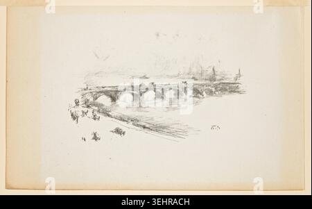 Sera, Little Waterloo Bridge di James McNeill Whistler, 1896 anni, raffigurante un ponte di pietra ad arco che attraversa un fiume con un paesaggio urbano lontano e figure sulla riva del fiume Foto Stock
