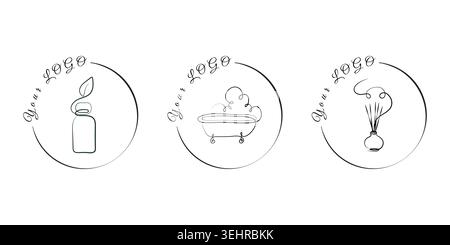 Tre illustrazioni artistiche minimaliste a linee continue appaiono su uno sfondo bianco. Ogni disegno con linea nera è racchiuso in una cornice circolare, con il testo "il tuo logo". Illustrazione Vettoriale