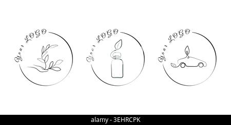 Tre distinti disegni circolari con logo presentati in un semplice stile grafico a una linea. Il set è caratterizzato da una mano che tiene in mano una pianta, una bottiglia con una foglia e un'auto ecocompatibile. Illustrazione Vettoriale