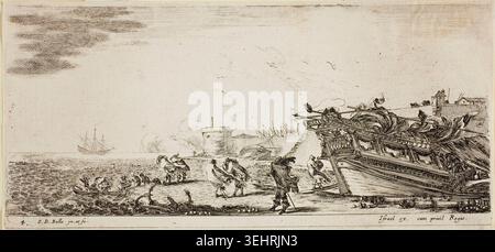 Piatto sette di vari Embarkments di Stefano della bella, n.d., raffigurante figure che caricano merci e salgono a bordo di navi in un porto fortificato, con una nave a vela visibile al largo Foto Stock