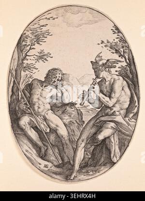 Mercurio e Argus di Hendrick Goltzius, c. 1585, raffigurante due figure alate maschili in un paesaggio boscoso accanto all'acqua Foto Stock