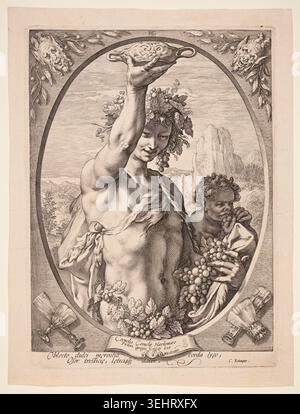 Bacchus di Jan Saenredam dopo Hendrick Goltzius e Cornelis van Haarlem, c. 1595, raffigurante il dio del vino con una corona di serpente, frequentato da un cherubino con abbondanti uve in una scena mitologica classica Foto Stock