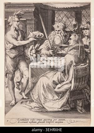 Inverno (banchetto con Bacco in attesa di una coppia anziana) di Jan Saenredam dopo Hendrick Goltzius, c. 1595, raffigurante Bacco come servo in una festa con una coppia anziana e assistenti in un ambiente interno Foto Stock
