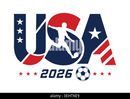 Logo della Coppa del mondo di calcio USA 2026 con silhouette di un giocatore di calcio che calcia una palla Illustrazione Vettoriale