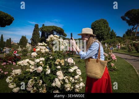Donna che scatta una foto di rose in fiore al Giardino Civico delle Rose di Roma. Roma, Italia - 24 maggio 2026: Una giovane donna che indossa un cappello di paglia e abiti colorati utilizza il suo smartphone per scattare una foto di un cespuglio di rose bianche in piena fioritura al Giardino delle Rose Municipali di Roma. Lo sfondo mostra il parco pubblico con alberi e altri visitatori sotto un cielo azzurro. Roma RM Italia Copyright: XGennaroxLeonardix Foto Stock