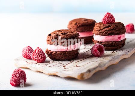 Gelato fatto in casa biscotti sandwich con lampone e cioccolato Foto Stock