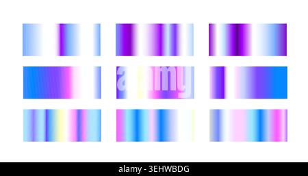 Set di adesivi olografici con texture sfumata iridescente. Illustrazione vettoriale realistica di campioni di colore al neon rettangolari con effetti arcobaleno lucenti e finitura argento metallizzato, disegni di badge metallici Illustrazione Vettoriale