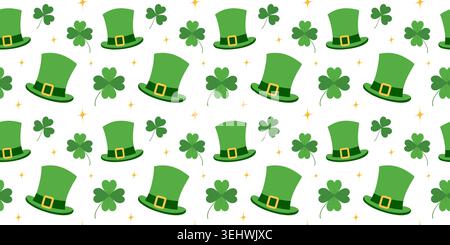 Leprechaun Hat shamrock, quatrefoils, Stars Seamless Pattern St Patrick Day Backdrop Banner. Tessuto vettoriale isolato o carta da parati, carta da imballaggio, design di imballaggi e merchandising stagionale, tag Illustrazione Vettoriale