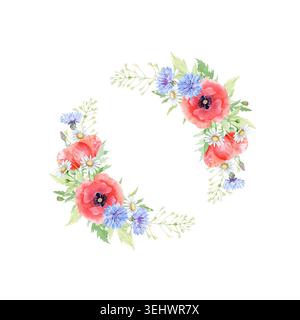 Corona rotonda ad acquerello floreale con papaveri rosso brillante, fiori di mais blu e margherite. Elegante modello di adesivi con fiori selvatici ed erbe aromatiche Foto Stock