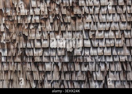 Vista ravvicinata di scandole grigie con intemperie sul tipico edificio di Cape Cod. Foto Stock