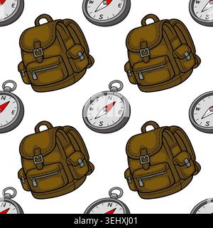 Motivo vettoriale senza cuciture di zaini e bussole marroni per l'avventura e i viaggi Illustrazione Vettoriale