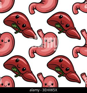 Carino carino cartoni animati dello stomaco e dello schema vettoriale dell'organo epatico Illustrazione Vettoriale
