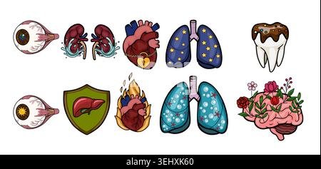 Set di illustrazioni stilizzate di organi umani tra cui occhi, reni, cuore, polmoni, fegato, e cervello, vettore Illustrazione Vettoriale
