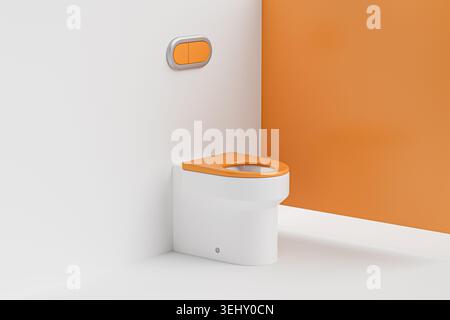 Un elegante e contemporaneo design della toilette con vivaci accenti arancioni sullo sfondo minimalista. Foto Stock