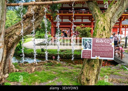 I tradizionali biglietti della fortuna di carta giapponese Omikuji legati a stringhe vicino a un cartello informativo al Tempio di Byodo-in alle Hawaii Foto Stock