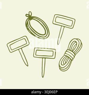 Etichette da giardino e rotoli di spago o fune trafilati a mano. Set di accessori per l'identificazione e il supporto dell'impianto. Illustrazione vettoriale line art minimalista Illustrazione Vettoriale