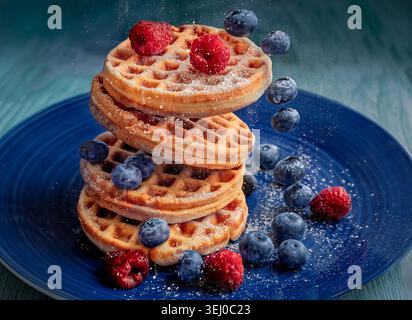 Una pila di waffle belgi appena sfornati serviti su un piatto blu, decorati con mirtilli freschi e cadenti, lamponi e una spolverata di Foto Stock