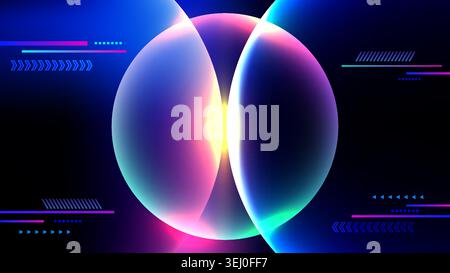 Futuristico sfondo astratto con sfere traslucide brillanti ed effetti luminosi blu rosa giallo per striscioni tecnologici moderni Illustrazione Vettoriale