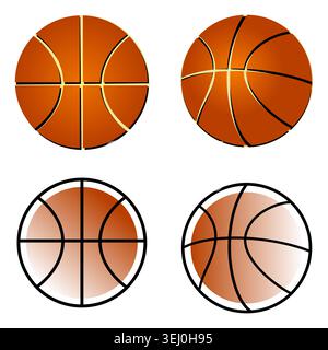Semplice collezione di icone vettoriali da basket con design piatto, sagomato e ombreggiato con palle isolate su uno sfondo bianco pulito Illustrazione Vettoriale