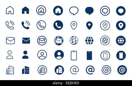 Una griglia versatile di icone essenziali di comunicazione e contatto, visualizzate in cerchi e forme blu scuro pieni e contornati Illustrazione Vettoriale